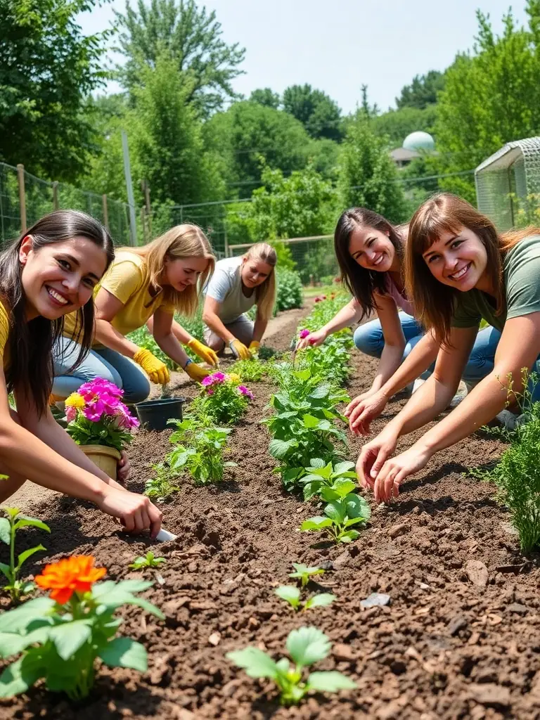 A photograph of volunteers from LES MOTS DISANT collaborating on a community garden project, highlighting their dedication to environmental sustainability and community engagement through hands-on initiatives.