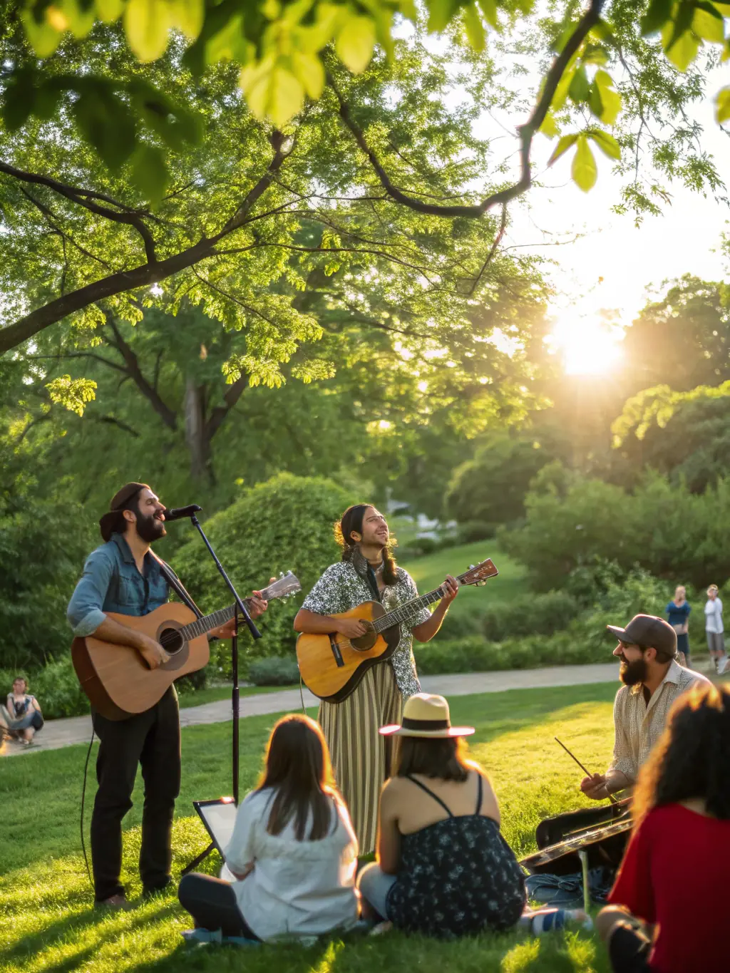 A dynamic shot of a musical performance hosted by LES MOTS DISANT in the town square, featuring local musicians and a diverse audience enjoying the vibrant atmosphere, emphasizing the organization's role in enhancing local dynamism.