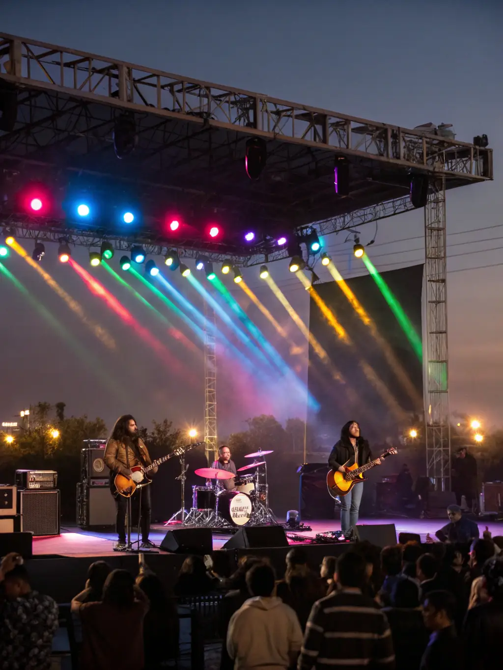 A vibrant photograph capturing a live musical performance at a LES MOTS DISANT event, showcasing musicians on stage with an engaged audience in Saint Dizant du Gua.