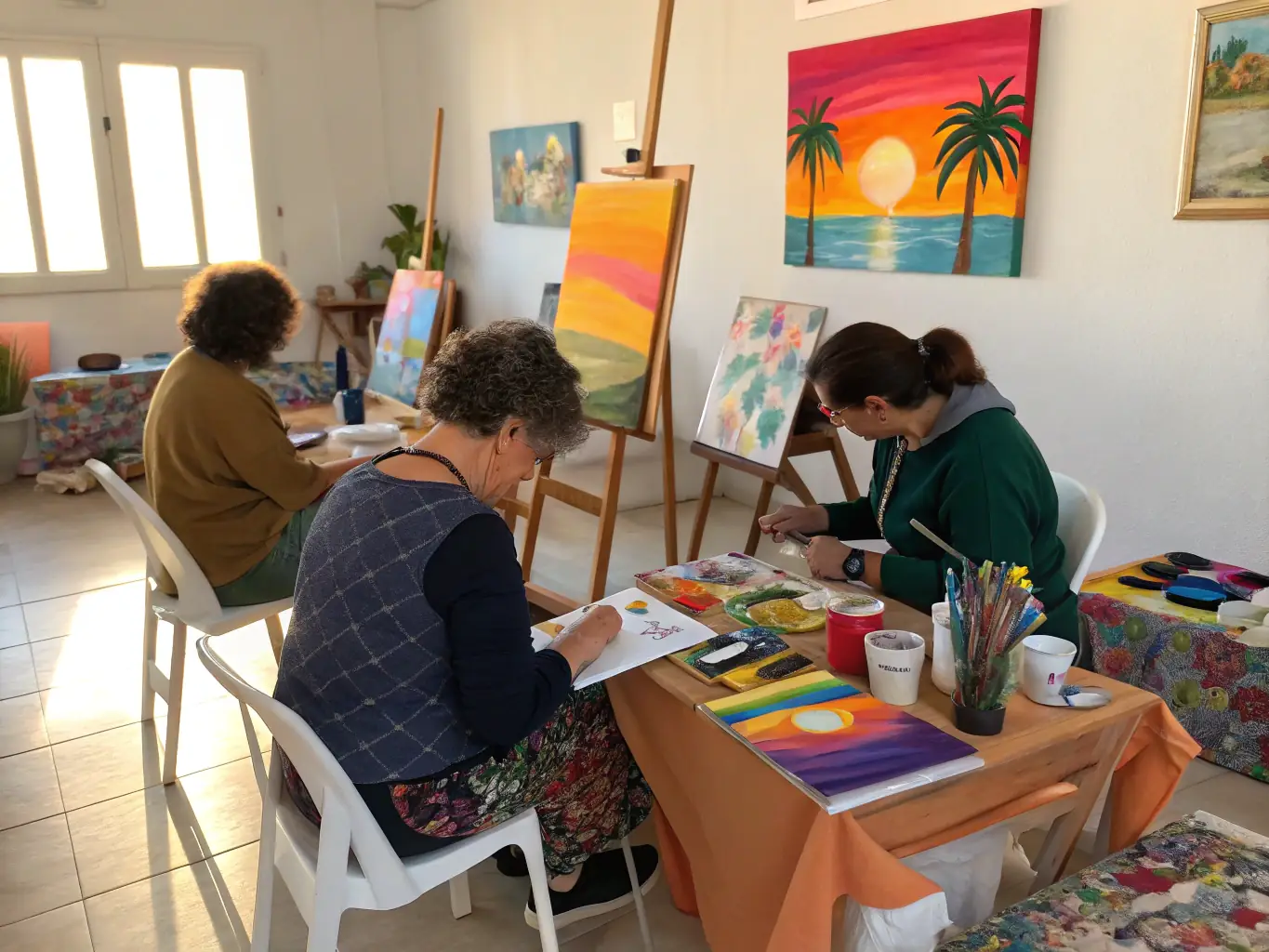 A vibrant photograph capturing participants engaged in a painting workshop at LES MOTS DISANT, showcasing creativity and community interaction.