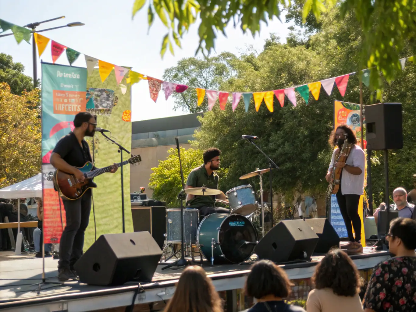 A dynamic image of a musical performance organized by LES MOTS DISANT, featuring local musicians and a captivated audience.