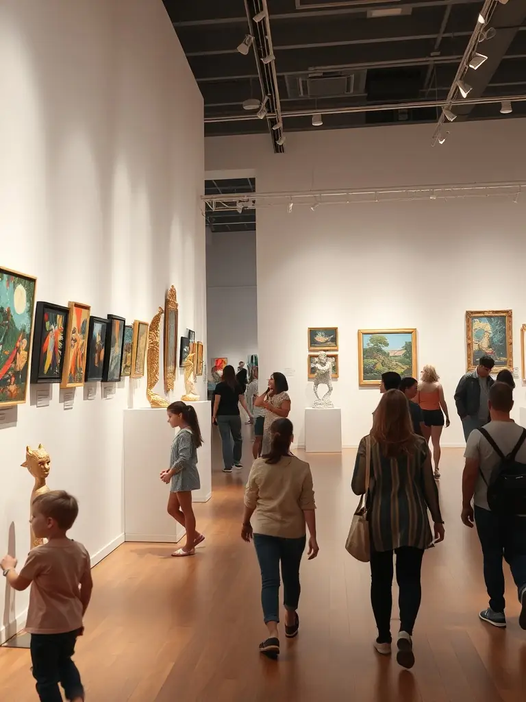 A photograph of an art exhibition organized by LES MOTS DISANT, featuring diverse artworks and attendees appreciating the display in Saint Dizant du Gua.