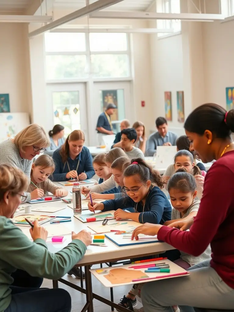 A photograph of an educational workshop organized by LES MOTS DISANT, showing participants actively engaged in a hands-on learning activity in Saint Dizant du Gua.