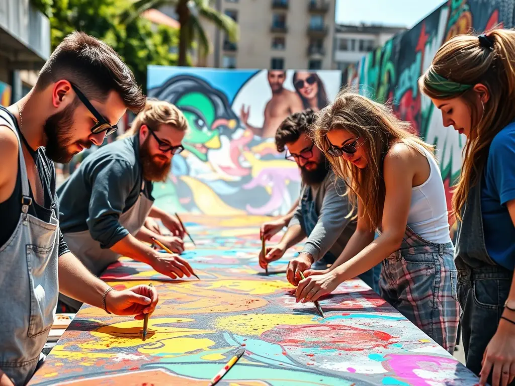 A vibrant image depicting participants engaged in a community art project, showcasing collaborative creativity and cultural exchange at a LES MOTS DISANT event.