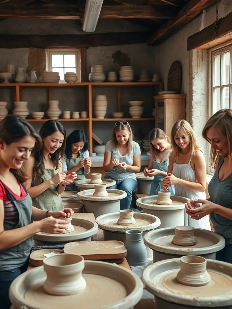A photograph showing participants creating art during a pottery workshop, with clay and tools visible on the tables.